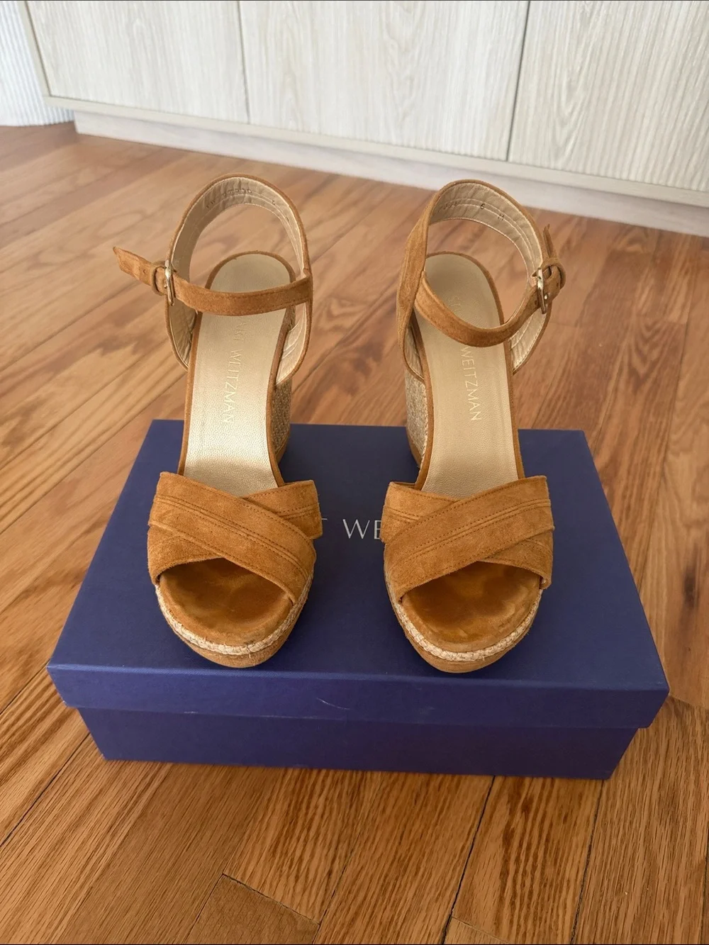 Stuart Weitzman Tan Suede Espadrille Wedge Sandals - Picture 2 of 9